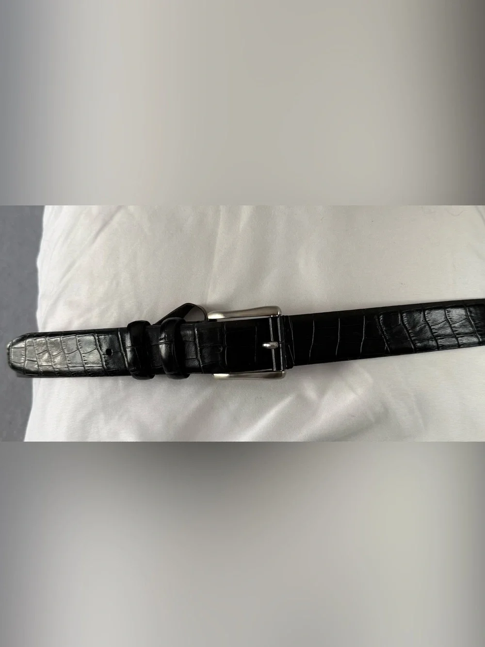 Men's Black Croc-Embossed Genuine Italian Leather Belt with Silver Buckle 44